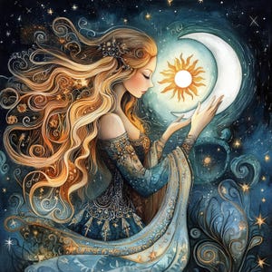 May include: An artistic illustration of a woman with long, flowing blonde hair, adorned with celestial elements. She is dressed in a blue gown, cradling a crescent moon and a radiant sun. The background is a dark blue night sky filled with stars.