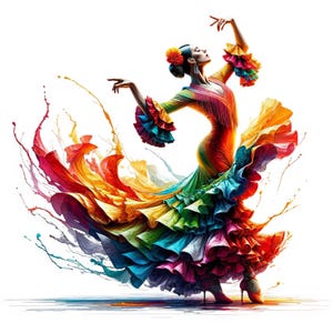 Op de afbeelding: Een vrouw in een kleurrijke flamencojurk danst met een spattende verf achter haar. De jurk is rood, geel, groen, blauw en paars. De verf is in dezelfde kleuren als de jurk.