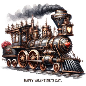May include: A vintage-style steam train engine decorated with hearts and flowers. The train is black and gold with red accents. The engine is decorated with intricate details and has a large smokestack. The train is on a track and is moving forward. The text "HAPPY VALENTINE'S DAY." is printed below the train.