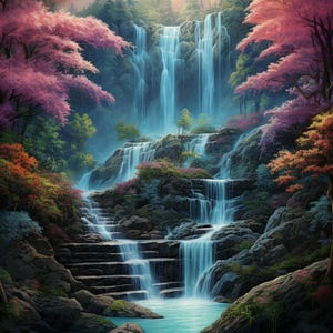 May include: A cascading waterfall flows over moss-covered rocks in a lush forest. Pink and green trees frame the scene, with sunlight filtering through the leaves.