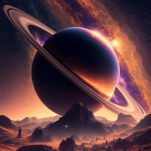 May include: A large, ringed planet with a dark blue surface and a bright orange ring system. The planet is in the foreground, with a rocky, orange landscape in the background. The sky is filled with stars and a faint orange glow.