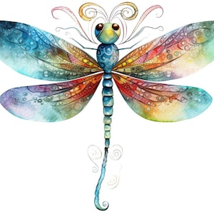 May include: A colorful watercolor painting of a dragonfly with intricate details on its wings. The dragonfly is blue, green, red, yellow, and purple.