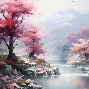 以下が含まれることがあります： 谷間に川が流れ込む穏やかな風景を描いた絵画。川には滝があり、周囲には緑豊かな草木とピンクの桜の木が茂っています。背景の山々は、やわらかな霧に覆われています。