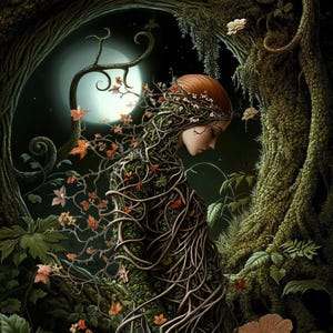 May include: A woman with red hair is enveloped in vines and leaves, with a full moon in the background. The scene is dark and mysterious, with a sense of nature's power.