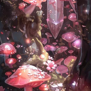 以下が含まれることがあります： ピンクのキノコと大きなクリスタルが並ぶ、幻想的な森の風景のイラスト。キノコはピンクの花と花びらに囲まれ、魔法的で魅惑的な雰囲気を作り出しています。