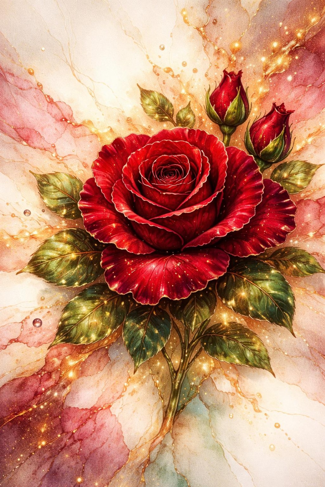 Red Roz Print Alcohol Ink Red Rose With Gold, Pattern Keeper Compatible PDF Instant ...