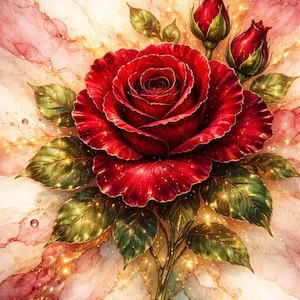 May include: A vibrant watercolor painting of a red rose in full bloom, surrounded by green leaves with gold accents. Two rose buds are visible. The background features a blend of pink, gold, and white hues, creating a soft, artistic effect.