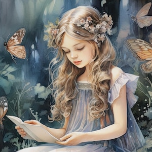 以下が含まれることがあります： 長い金髪の少女が森の中に座り、花冠と青いドレスを着ています。彼女は蝶に囲まれながら本を読んでいます。