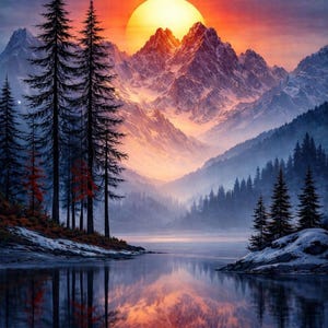 May include: A scenic landscape painting of a mountain range at sunset. The sun is a bright orange orb behind the snow-capped peaks. A calm lake reflects the mountains and trees, creating a symmetrical image.