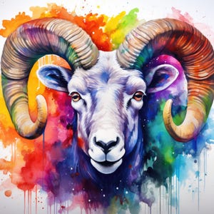 Peut inclure: Une peinture à l'aquarelle d'une tête de bélier avec de grandes cornes colorées sur un fond vibrant de projections d'aquarelle colorées.