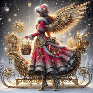 以下が含まれることがあります： 金色の羽根と赤いドレスを着たスチームパンクの天使が、時計仕掛けの細部が施された金色のそりで乗っています。天使は小さな金色の物体が詰まった籠を持っています。