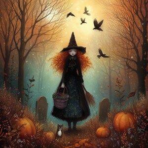 May include: An illustration of a witch with red hair wearing a black dress and hat, holding a basket of flowers and a broom. Pumpkins, a black cat, and crows are in a forest setting with a graveyard. The color palette includes orange, black, and brown.