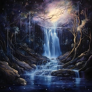 May include: A digital painting of a waterfall cascading down a rocky cliff in a dark forest. The water is a vibrant blue and the forest is filled with trees and foliage. The moon shines brightly in the sky, casting a soft glow on the scene.