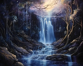 Könnte beinhalten: Ein digitales Gemälde eines Wasserfalls, der eine felsige Klippe in einem dunklen Wald hinunterstürzt. Das Wasser ist leuchtend blau und der Wald ist voller Bäume und Blätter. Der Mond scheint hell am Himmel und wirft einen sanften Schein auf die Szene.
