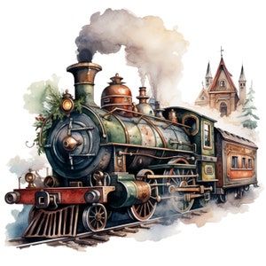 May include: A vintage steam locomotive train with a green and brown exterior, adorned with greenery, is pulling a passenger car with orange windows. The train is on a track and is surrounded by smoke and a watercolor background.