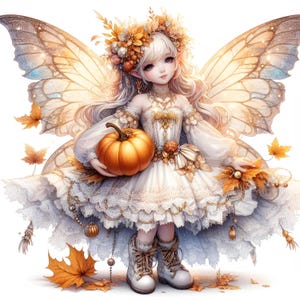 May include: A fairy with large, iridescent wings and a white dress decorated with autumn leaves and a pumpkin. She is wearing a crown of leaves and flowers.