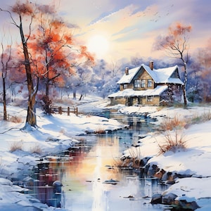 Peut inclure: Une peinture à l'aquarelle d'un chalet en pierre avec un toit recouvert de neige, niché dans une forêt hivernale. Un ruisseau traverse la scène, reflétant les couleurs du ciel et des arbres.