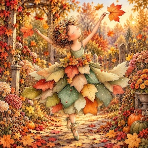 May include: A whimsical illustration of a person with curly hair adorned with flowers, wearing a dress crafted from layered autumn leaves in shades of orange, red, and green, dancing in a garden filled with fall foliage and pumpkins.