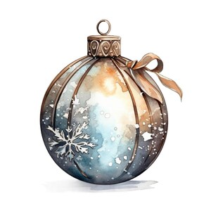 May include: A vintage-style Christmas ornament with a blue and brown watercolor design. The ornament has a snowflake design and a brown ribbon.