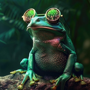 May include: A detailed image of a green frog wearing gold-rimmed glasses with a sparkling green lens. The frog is sitting on a brown rock with a blurred green background of foliage. The frog's skin has a textured appearance with hints of pink.