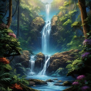 Puede incluir: Una escena de exuberante selva verde con una cascada que fluye hacia una piscina de agua azul clara. La luz del sol atraviesa los árboles, iluminando el agua y creando una sensación de tranquilidad.