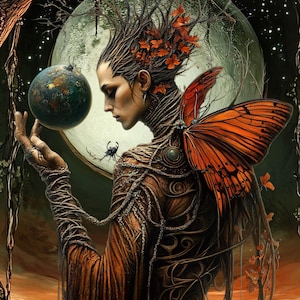 Puede incluir: Una mujer con una corona de ramas y hojas sostiene un pequeño globo terráqueo en su mano. Lleva una larga túnica fluida con intrincados patrones y un ala de mariposa grande en la espalda. El fondo es un bosque oscuro con una luna llena.