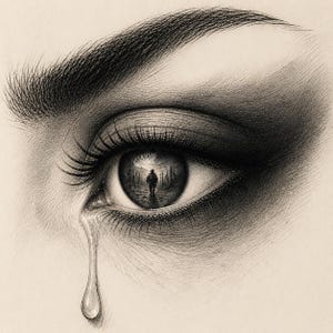 May include: A detailed pencil drawing of a human eye with a single tear falling. The eye's iris reflects a distant figure walking down a path. The eyelashes and eyebrow are meticulously rendered, creating a dramatic effect.