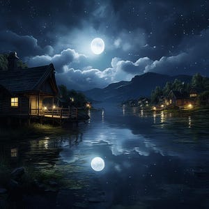 May include: A serene night scene featuring a full moon illuminating a calm lake. Wooden cabins with lit windows and porches line the water's edge. The moon's reflection shimmers on the water, creating a tranquil, picturesque landscape under a starry sky.