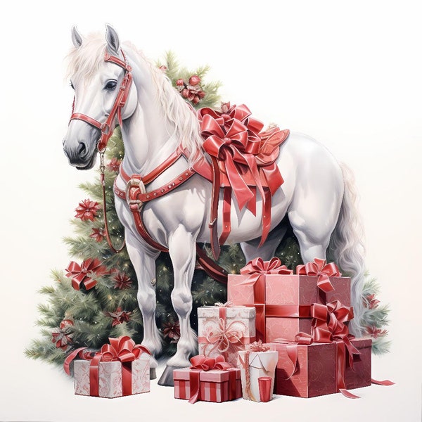 Watercolor Christmas white horse pattern keeper compatible PDF instant digital download 14ct BW color printout