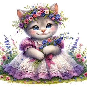 Puede incluir: Ilustración de un gatito con una corona de flores y un vestido. El gatito sostiene un ramo de flores. El vestido es blanco con ribete de encaje morado. El fondo presenta flores y vegetación coloridas.