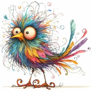 Puede incluir: Un pájaro de dibujos animados colorido con una cabeza salvaje y desordenada de plumas y una cola larga y plumosa. El pájaro tiene ojos grandes y redondos y un pico amarillo brillante. El pájaro está de pie sobre una superficie blanca.