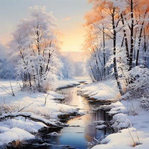Puede incluir: Una escena de invierno nevada con un arroyo sinuoso que fluye a través de un bosque. Los árboles están cubiertos de escarcha y el cielo es de un azul suave. El sol se está poniendo en la distancia, proyectando un cálido resplandor en el paisaje.