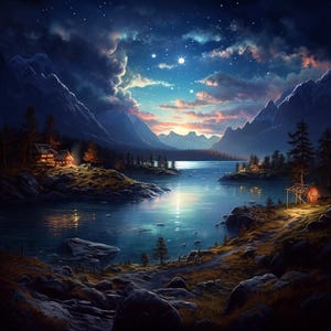 May include: A serene landscape painting depicts a lake surrounded by mountains under a starry night sky. Small cabins with lit windows dot the shoreline, reflecting in the calm water. The sky transitions from dark blue to orange and pink.