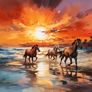 May include: Three brown horses run through the surf on a beach at sunset. The sky is a vibrant orange and red with a bright sun in the distance.