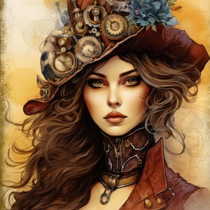 May include: A woman with long brown hair wears a large, ornate, red top hat with gears and clockwork details. She has a steampunk-inspired collar and a red jacket with gold buttons.