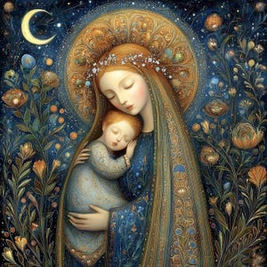Könnte beinhalten: Digitale Illustration einer Mutter und eines Kindes in einer himmlischen Szene. Die Mutter, mit fließendem, rotbraunem Haar und Heiligenschein, hält ein schlafendes Kind im Arm. Das Kunstwerk zeigt einen Halbmond, Sterne und florale Elemente in Blau-, Gold- und Orangetönen.
