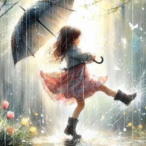 Puede incluir: Ilustración en acuarela de una persona joven jugando alegremente bajo la lluvia. Viste un vestido floral, una chaqueta vaquera y botas negras, sosteniendo un paraguas negro. La escena está llena de lluvia, salpicaduras y un fondo brillante y soleado.