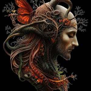 May include: Digital artwork of a man's profile, featuring a beard and closed eyes, with elaborate details. An orange butterfly sits on the head, which is entwined with branches and leaves. The image is set against a black backdrop.