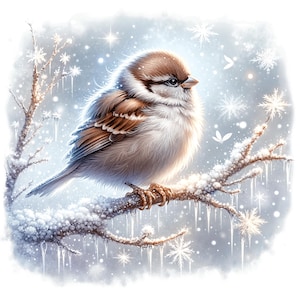 May include: A small brown and white bird perched on a snow-covered branch with icicles hanging down. The background is a soft blue with snowflakes falling.