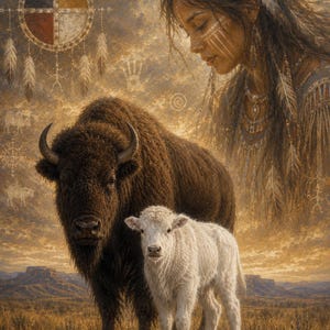 May include: A digital illustration featuring a dark brown bison standing beside a white calf in a grassy field. Above them, a translucent profile of a person with feathers in their hair is visible, alongside a circular medicine wheel symbol.