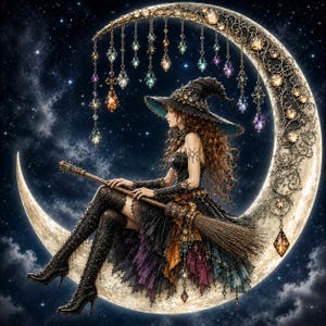 May include: A digital illustration of a figure in a black witch hat and dress, sitting on a large crescent moon. The moon is adorned with intricate gold filigree and hanging multi-coloured crystal pendants. The figure holds a wooden broomstick.
