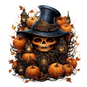 以下が含まれることがあります： 金色の装飾が施された黒いシルクハットをかぶった頭蓋骨が、オレンジ色のカボチャと時計塔に囲まれている。頭蓋骨は金色の歯を持ち、蔦が絡まる暗い背景に置かれている。