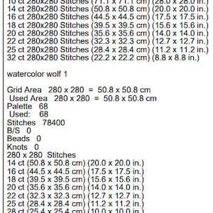 May include: A cross stitch pattern for a watercolor wolf with a grid area of 280 x 280 stitches, which is 50.8 x 50.8 cm or 20 x 20 inches. The pattern uses 68 colors and has a total of 78,400 stitches.
