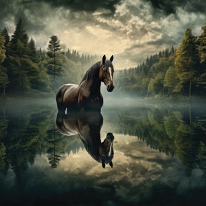 May include: A brown horse stands in a still lake, its reflection mirrored in the water. The horse is surrounded by a lush forest with dark green trees and a cloudy sky.