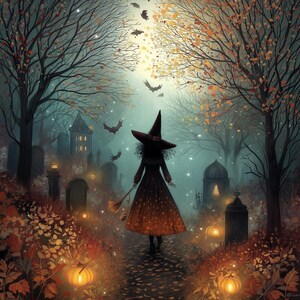 May include: An illustration of a witch walking through a graveyard at dusk. The witch wears a black dress and hat, carrying a broom. Bats fly in the sky, and glowing pumpkins and lights illuminate the path. The scene is set in a forest with autumn foliage.