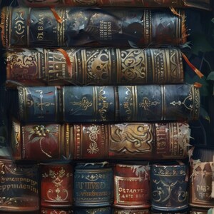May include: A stack of antique books with ornate gold and embossed designs. The books are in various colors, including red, brown, and blue, with gold lettering and decorative elements. The background features green foliage.