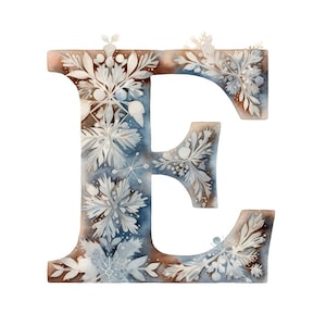 Könnte beinhalten: Aquarell-Illustration des Buchstabens E, verziert mit einem winterlichen Design aus Schneeflocken und Blättern in Blautönen, Weiß und Braun.