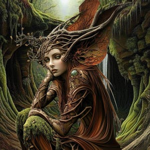 以下が含まれることがあります： 長い茶色の髪と複雑なディテールを持つ森の妖精のデジタルアート画像。妖精は枝や葉に似た王冠と翼で飾られています。背景には滝のある緑豊かな森があり、神秘的な雰囲気を作り出しています。