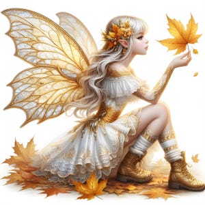 Puede incluir: Ilustración digital de un hada con grandes alas doradas ornamentadas y un vestido blanco y dorado. El hada sostiene una hoja de arce dorada, rodeada de hojas caídas. El hada tiene pelo largo y plateado y lleva botas doradas.