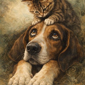 May include: A watercolor painting of a brown and white Basset Hound with a tabby kitten resting on its head. The dog has a gentle expression, and the kitten looks down. The background has a soft, textured appearance.